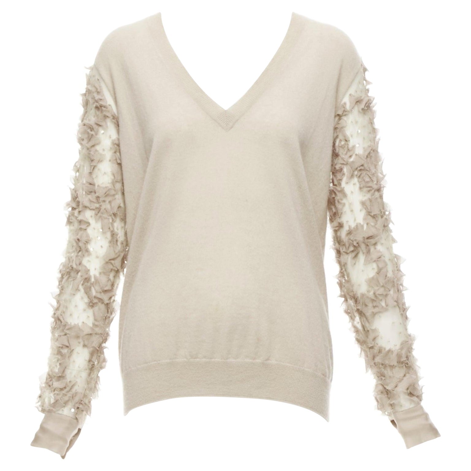 DRIES VAN NOTEN Pullover mit V-Ausschnitt aus Stein, Kaschmir und Seide mit Rüschen und durchsichtigen Ärmeln S