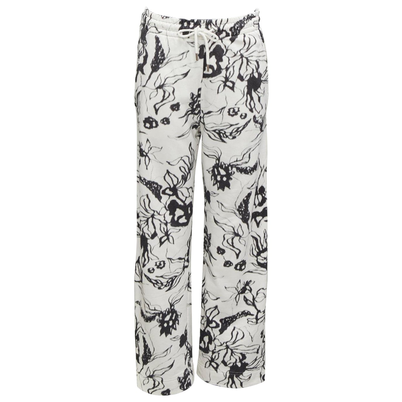 DRIES VAN NOTEN black white cotton blurry abstract floral print sweatpants S For Sale