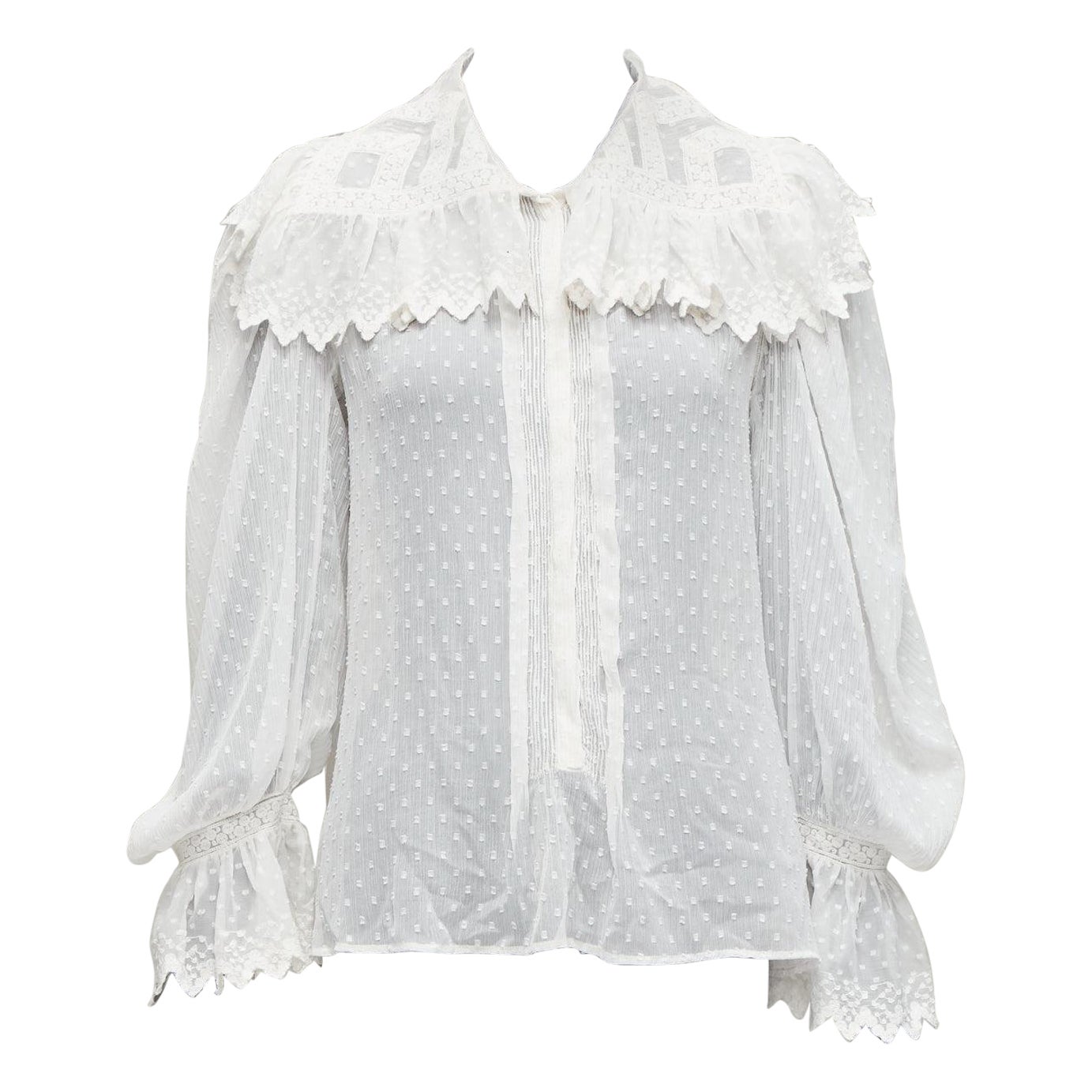 Etro, camicetta bianca in plissé con volant e colletto in stile boho peasant IT38 XS in vendita
