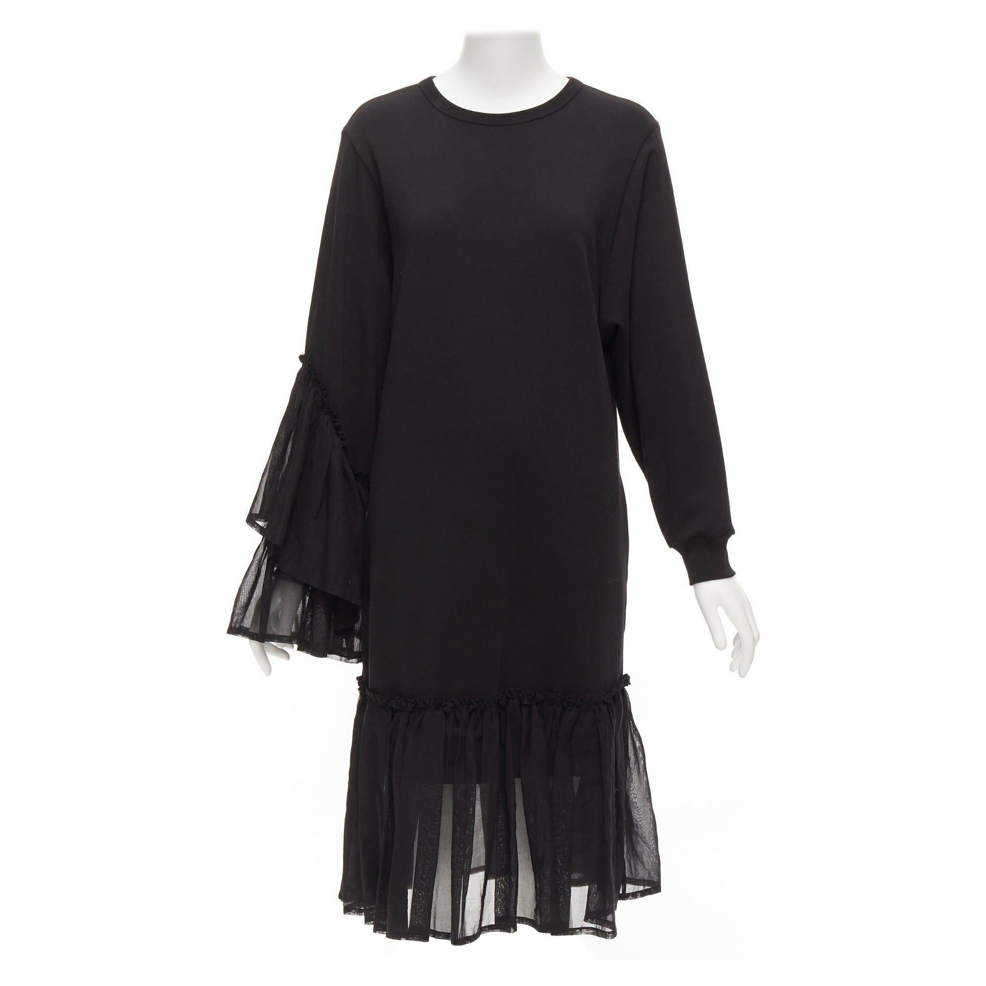 DRIES VAN NOTEN black cotton asymmetric sleeve ruffle hem sweatshirt dress S For Sale