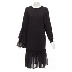 DRIES VAN NOTEN black cotton asymmetric sleeve ruffle hem sweatshirt dress S
