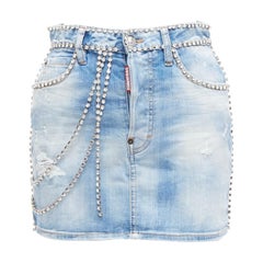 DSQUARED2 blue distressed denim crystal chain embellished mini skirt IT36 S