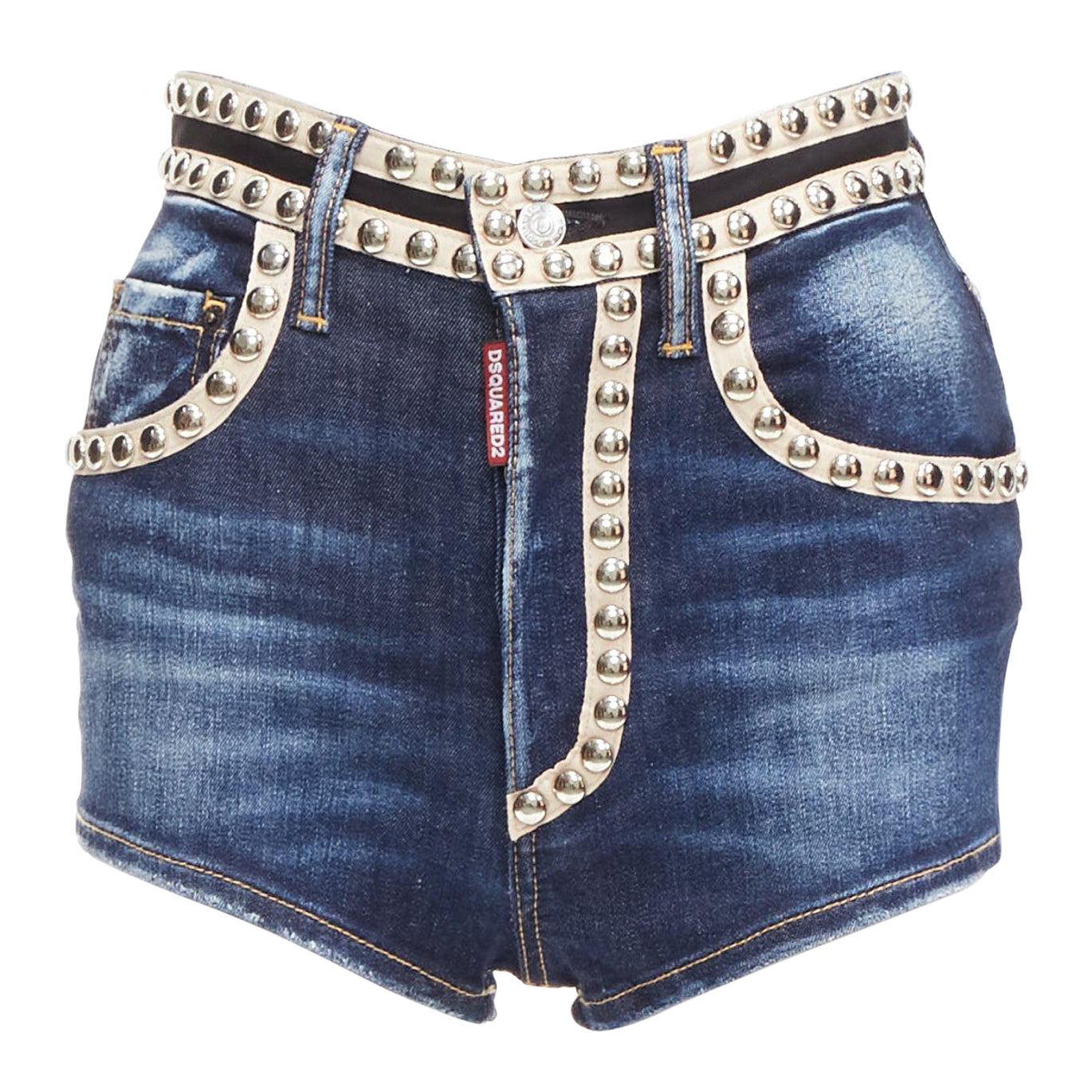 DSQUARED2 silver dome studs blue washed denim beige trim hot shorts IT40 S For Sale