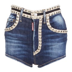 Dsquared2 con borchie a forma di cupola d'argento, denim lavato blu e rifiniture beige, pantaloncini caldi IT40 S
