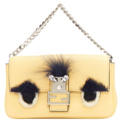 FENDI Micro Baguette butter yellow black fur eye leather top handle bag