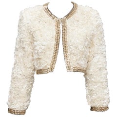 GIVENCHY 100% silk cream applique ruffle gold brass chain cropped jacket S