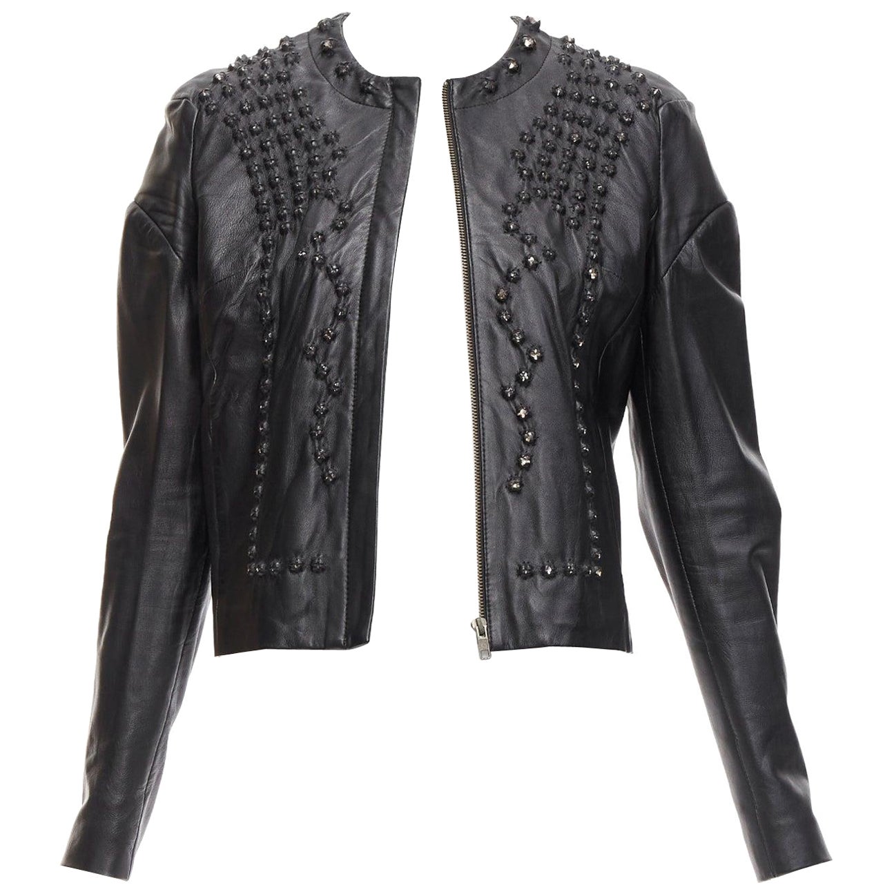 GIVENCHY black sheepskin clear crystal studded cropped leather jacket FR38 M For Sale