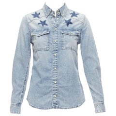 GIVENCHY Riccardo Tisci blue distressed denim star collar dress shirt FR36 S