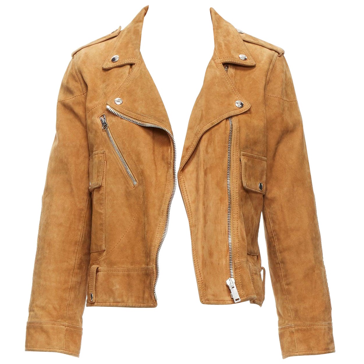 GOLDEN GOOSE tobacco brown distressed suede silver stud logo biker jacket For Sale
