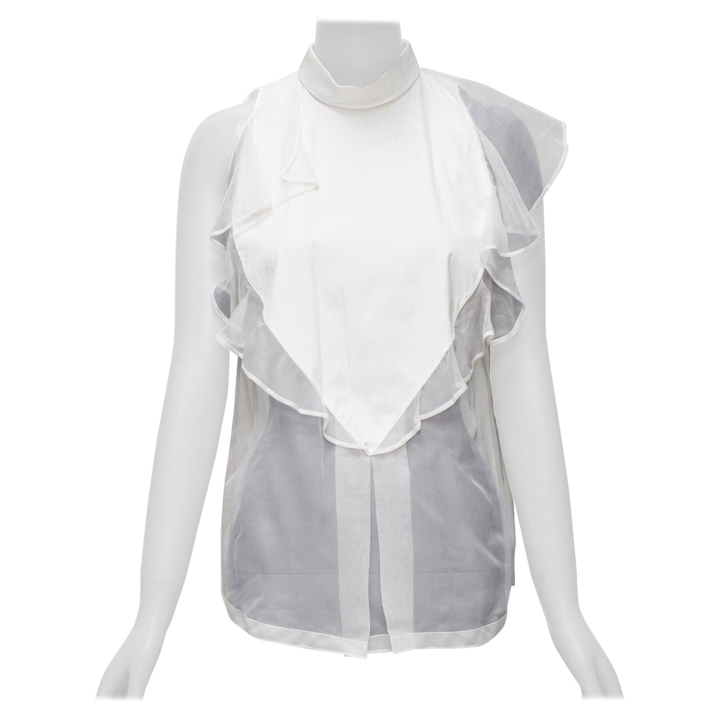 GIVENCHY white silky sheer ruffles front hi neck collar sleeveless shirt For Sale