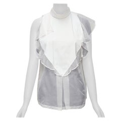 GIVENCHY white silky sheer ruffles front hi neck collar sleeveless shirt