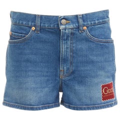 GUCCI blue cotton blend red GG logo patch wide leg mid rise shorts 24"