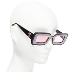 GUCCI GG0974S Rechteckige Sonnenbrille mit silbernem Kristallrahmen und rosa Linsen