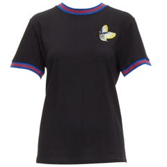 GUCCI Schwarzes gelbes Hemd mit Schmetterlingsstickerei Patch in Blau und Rot aus Netz XS