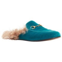 GUCCI Princetown grüner Samt Pferdegebiss Schnalle Pelz gefüttert Slide Loafers EU37