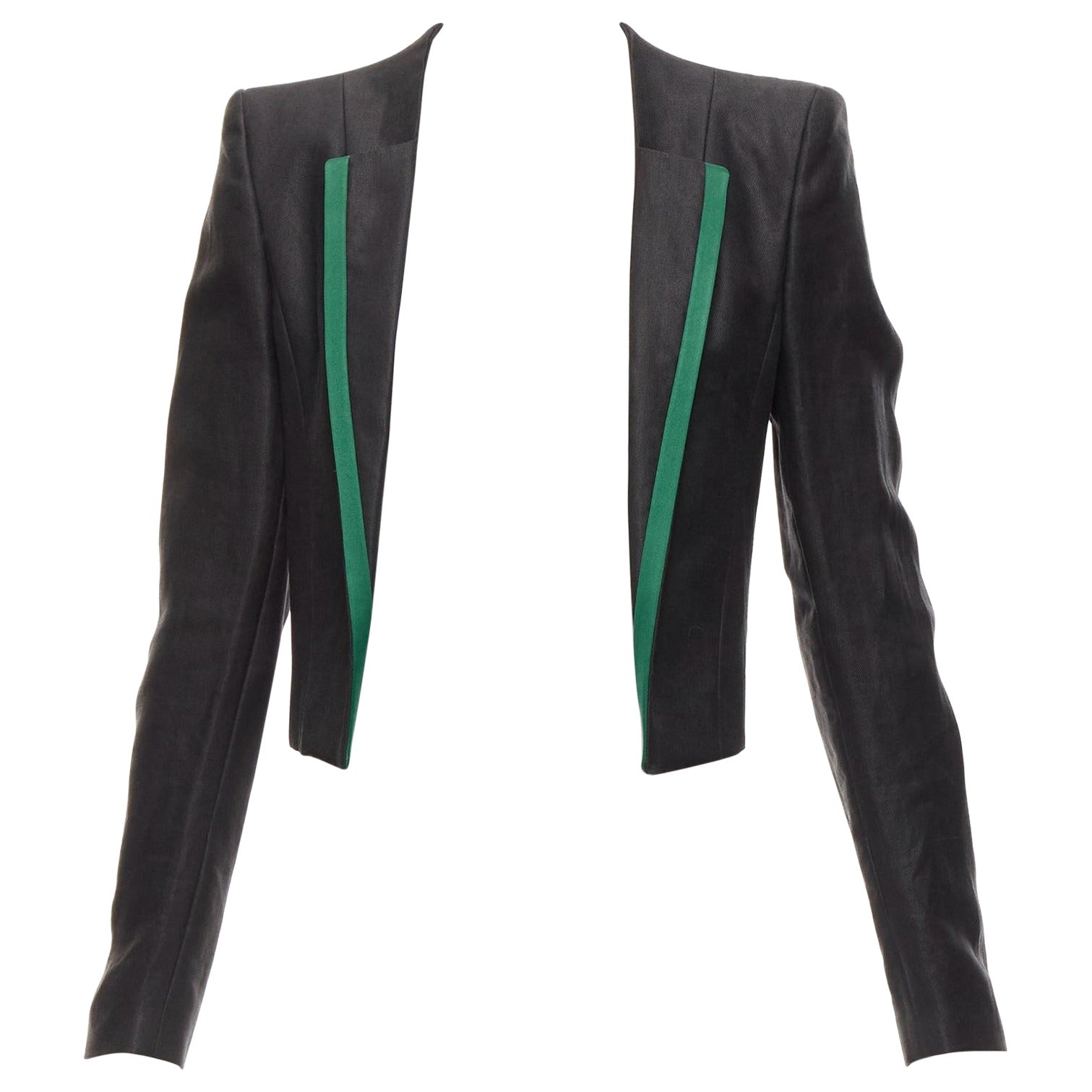 HAIDER ACKERMANN black ramie silk green trim cropped blazer jacket FR36 S For Sale