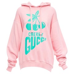 GUCCI Sudadera con capucha boxy larga con estampado de cerezas rosa azúcar verde agua S