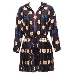 GUCCI 2023 Pikarar 100% silk black kawaii print pink zip pleats track dress XS