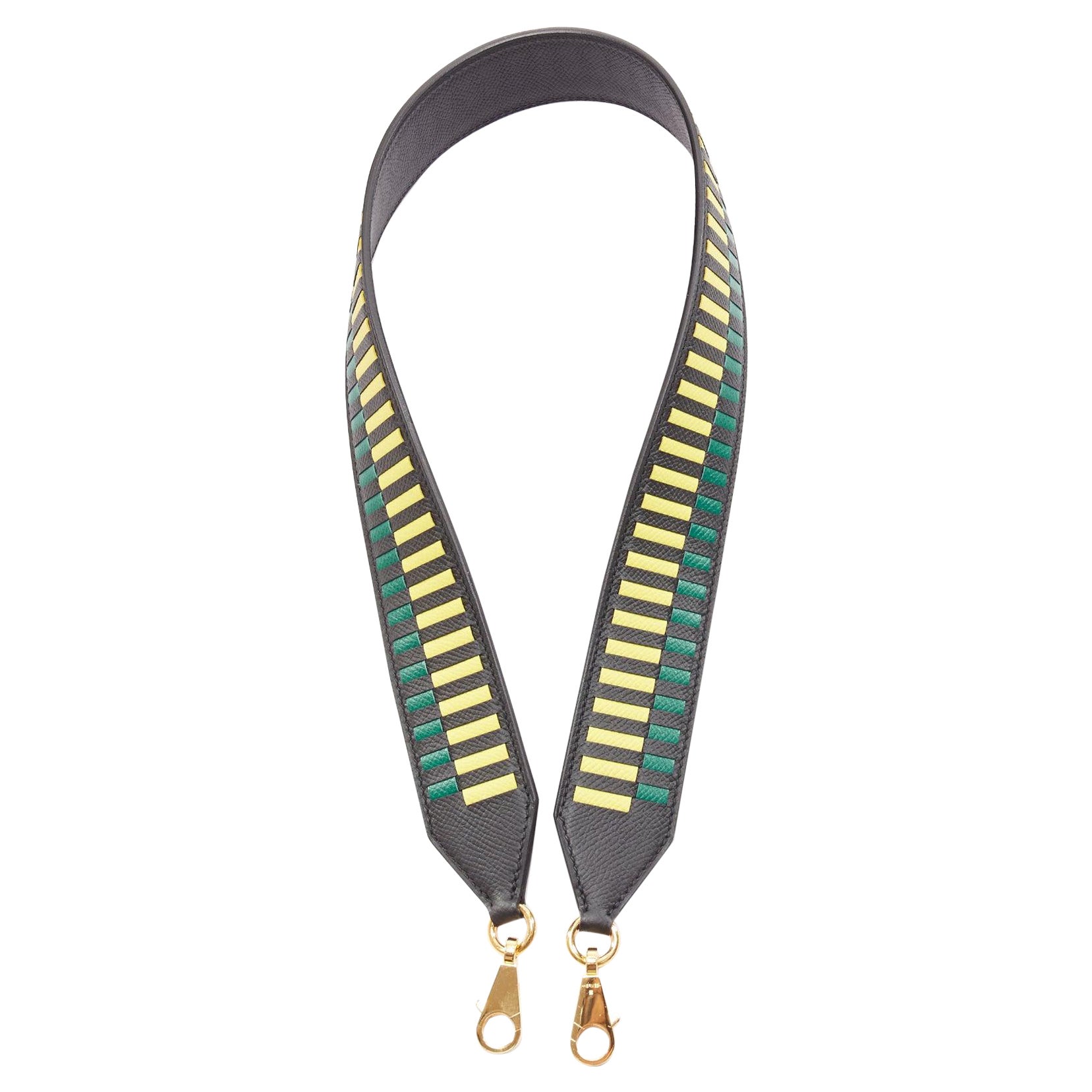 HERMES Sangle Cavale 40 green yellow black woven togo leather gold long strap For Sale