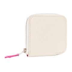 HERMES Azap Compact white leather pink printed silk zip around coins holder