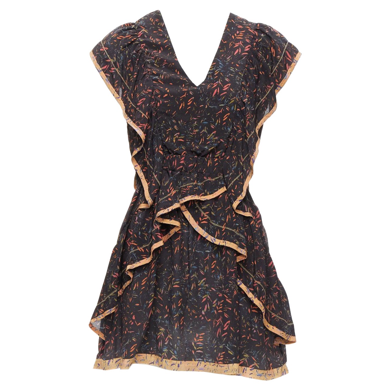 IRO 2018 Jicka 100% Seide schwarz koralle orange floral ruffle kurzes Kleid FR34 XS im Angebot