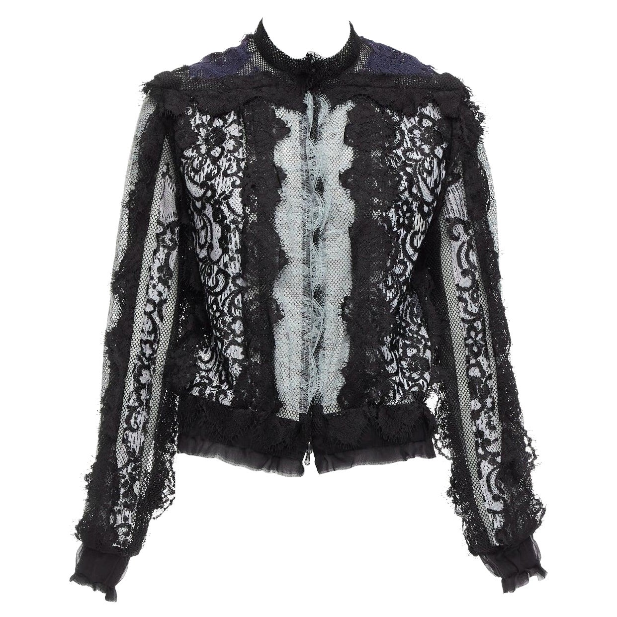 LANVIN blue black intricate lace panels sheer long sleeve jacket FR34 XS For Sale
