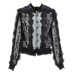 LANVIN blue black intricate lace panels sheer long sleeve jacket FR34 XS