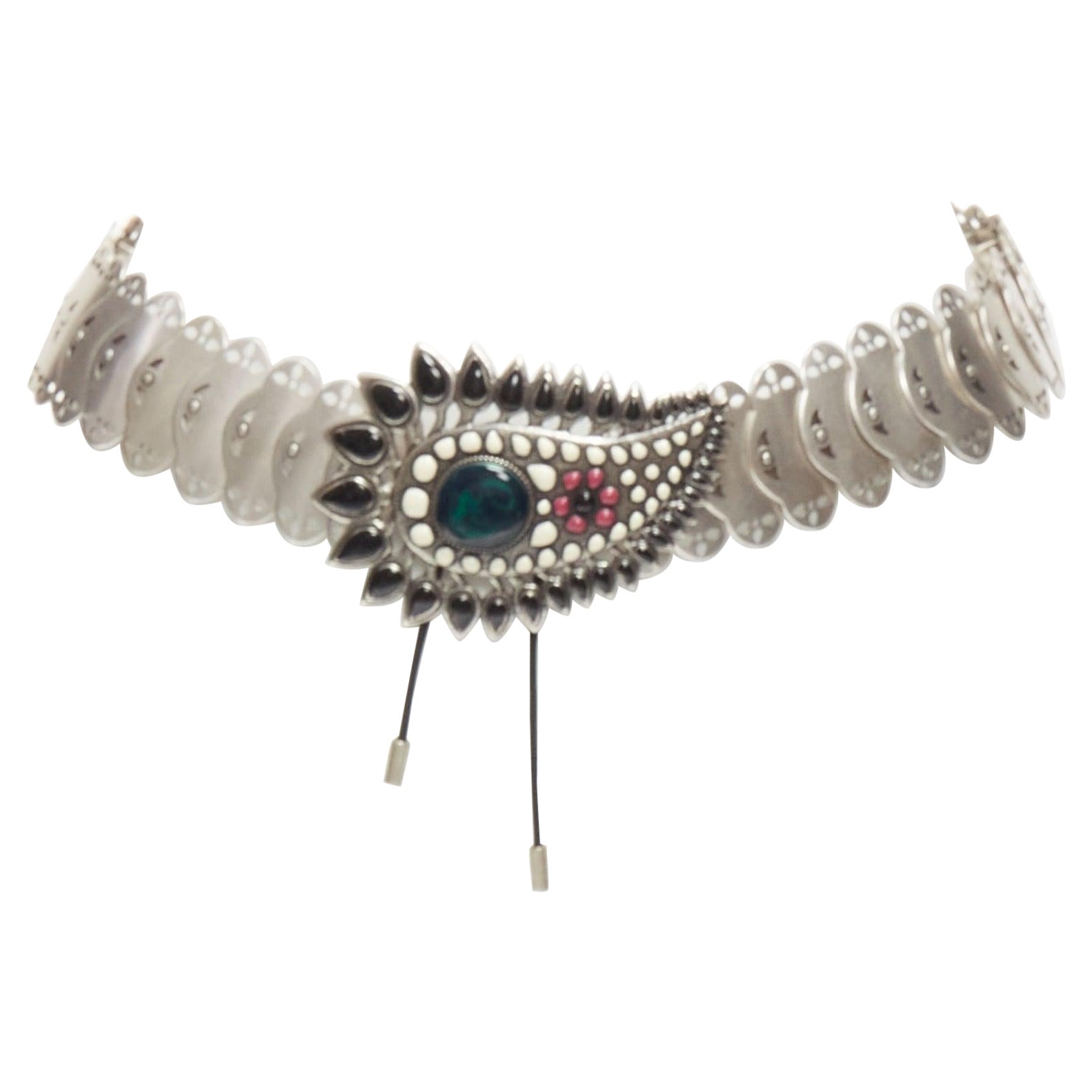 ISABEL MARANT Azema green embellished paisley silver metal plate chain belt 75cm For Sale