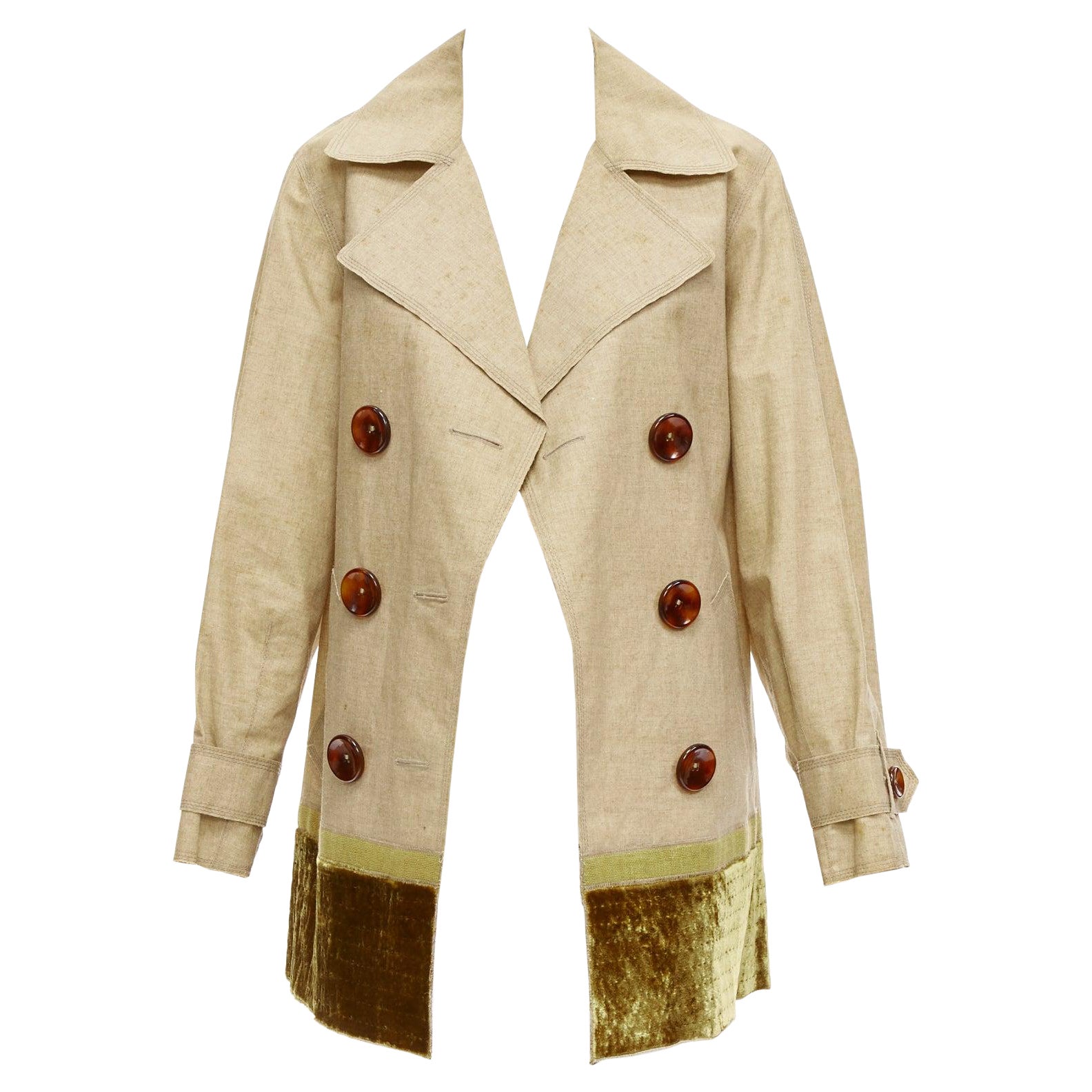 LOUIS VUITTON khaki coated linen velvet hem double breasted trench coat FR36 S For Sale