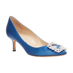 MANOLO BLAHNIK Hangisi 50 blue satin crystal buckle teacup heeled pumps EU36.5