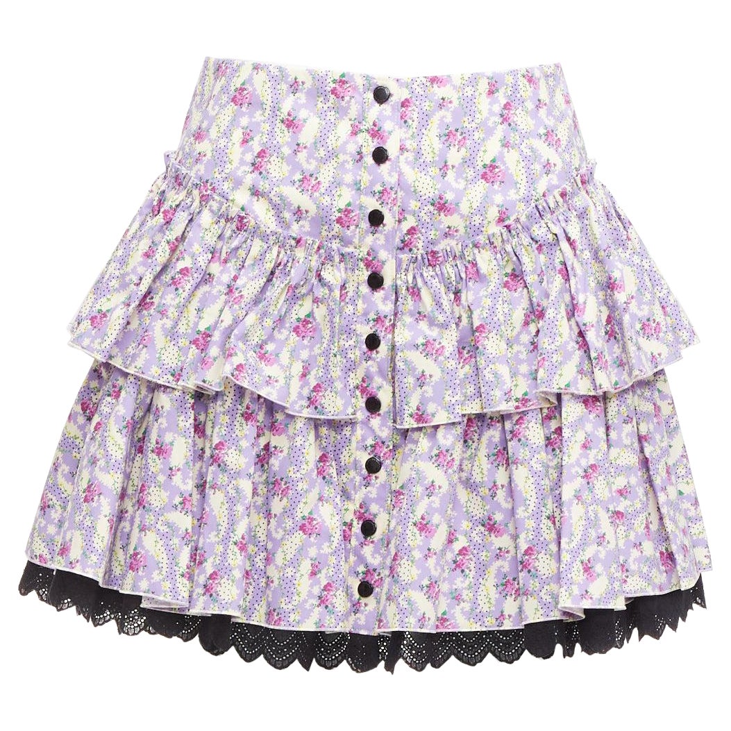 MARC JACOBS Mini Prairie Skirt purple floral print black lace trim tiered US0 XS For Sale