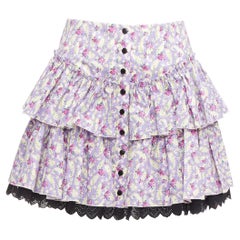 MARC JACOBS Mini jupe Prairie violet imprimé floral noir bordé de dentelle à étages US0 XS
