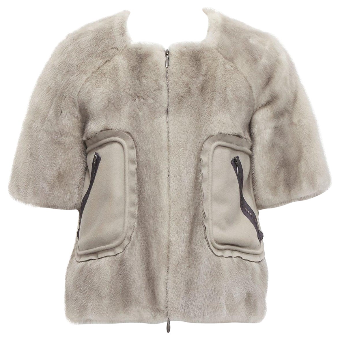 MARNI grey fur rounded short sleeve dual pocket cropped jacket IT38 XS For Sale