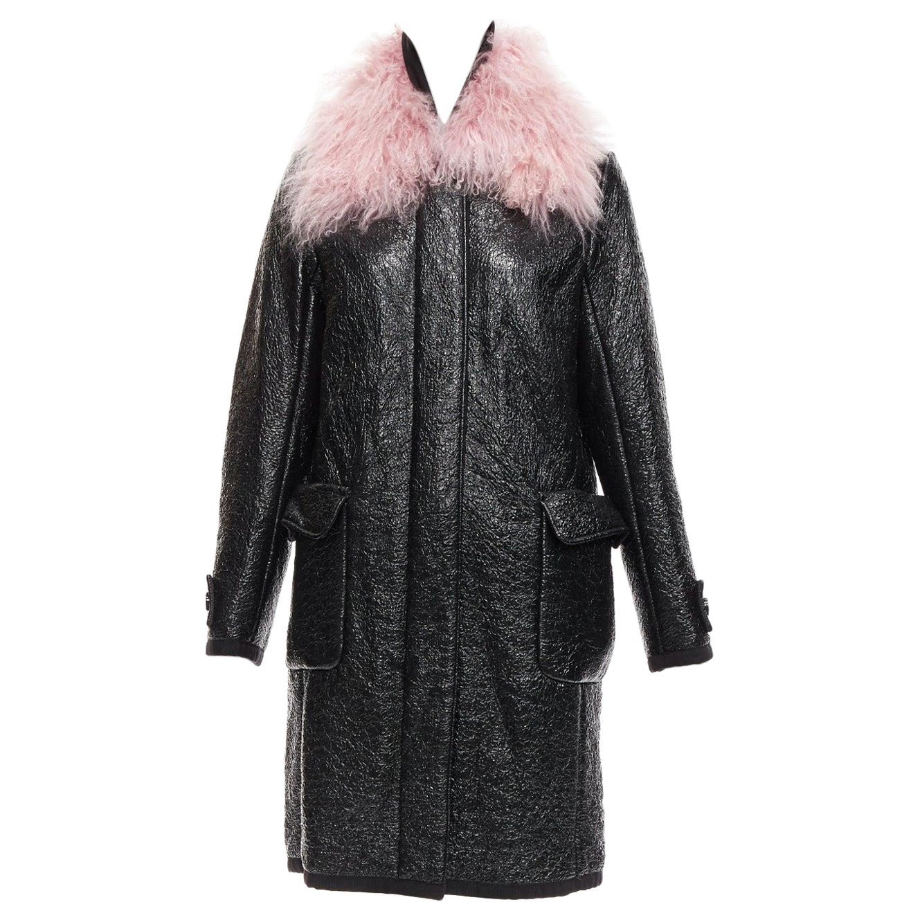 MONCLER pink tibet lamb fur black patent cotton virgin wool blend coat Sz1 M For Sale