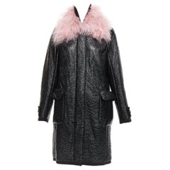 MONCLER manteau en fourrure d'agneau tibétain rose noir verni en coton mélangé à de la laine vierge Sz1 M