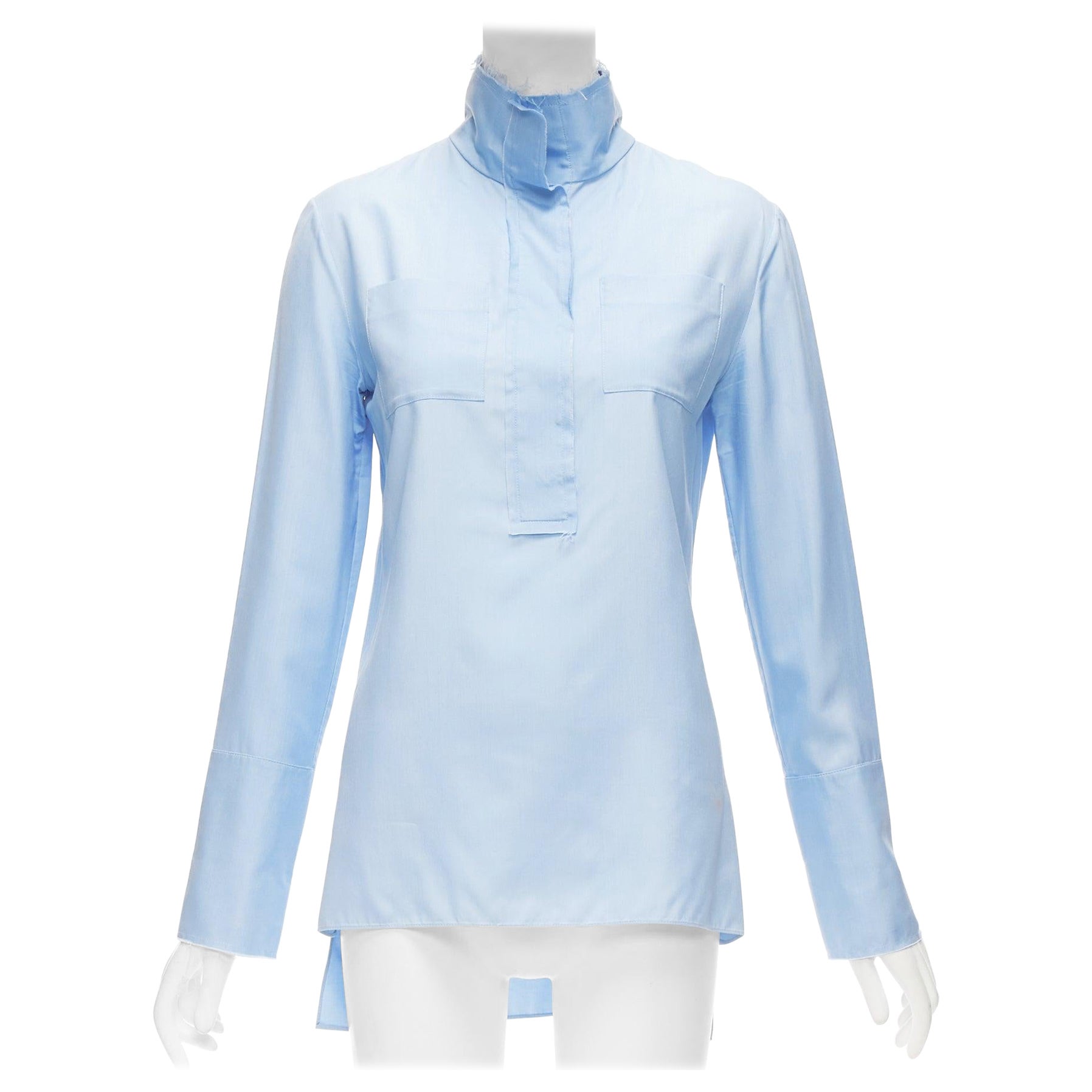 MARNI pastel blue 100% silk raw edge collar pocketed high low hem shirt IT38 XS For Sale