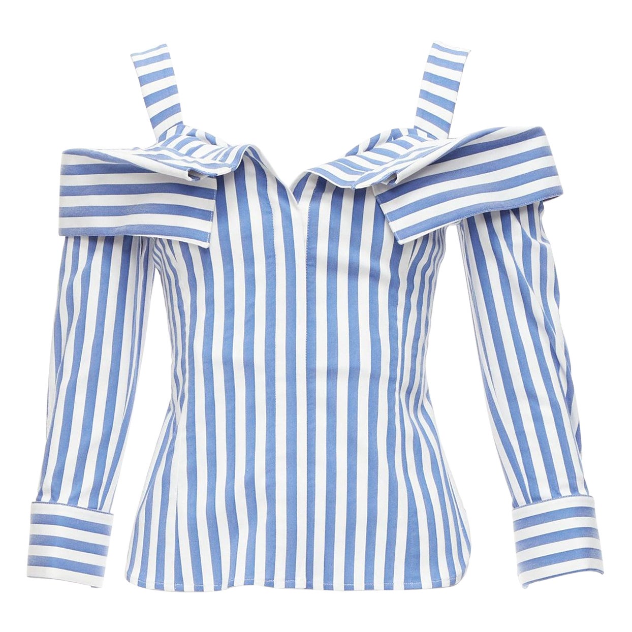 MONSE blue white striped cold shoulder corseted cropped sleeve top US0 XS For Sale