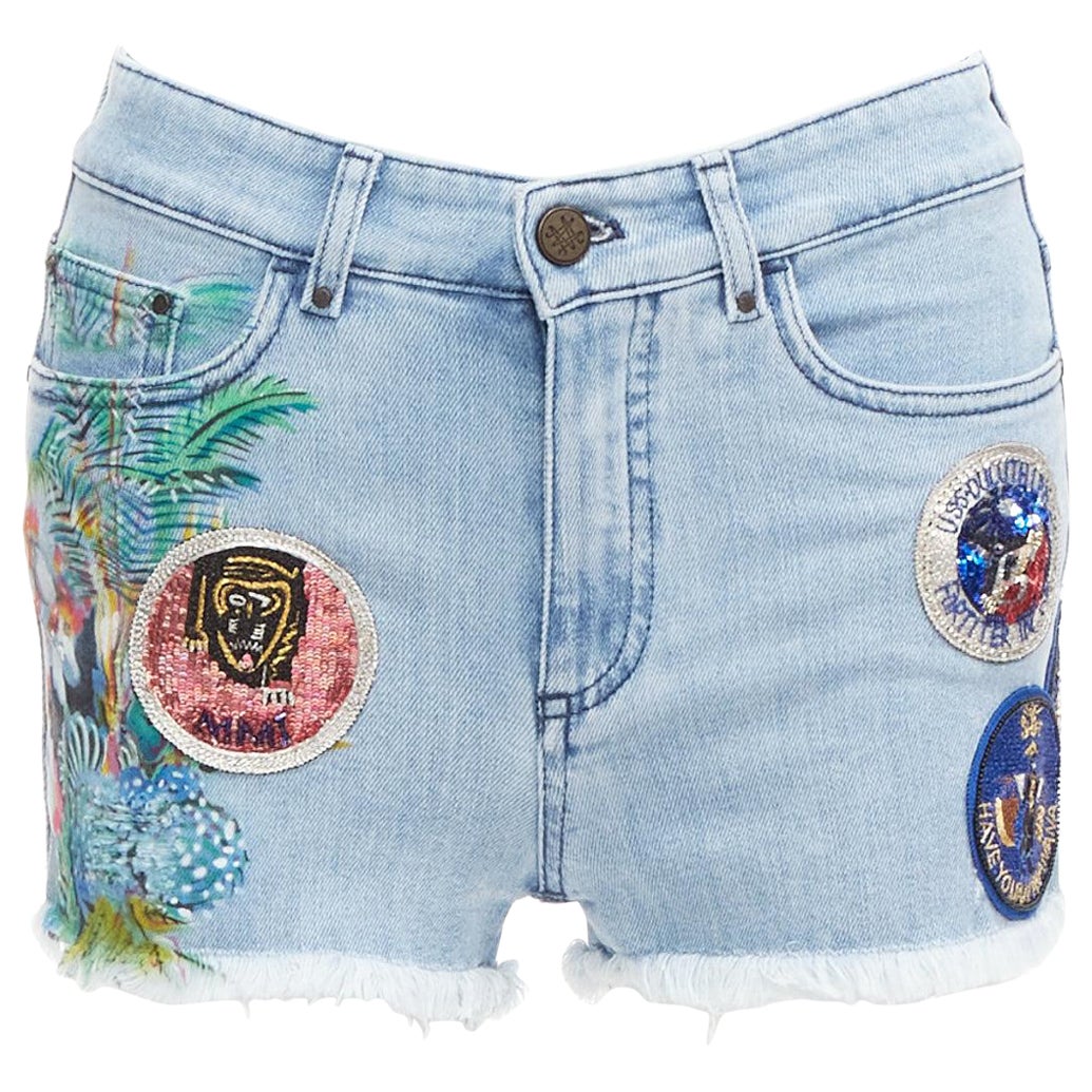 MR AND MRS ITALY blue glitter badge patch colorful paint denim shorts IT38 XS For Sale