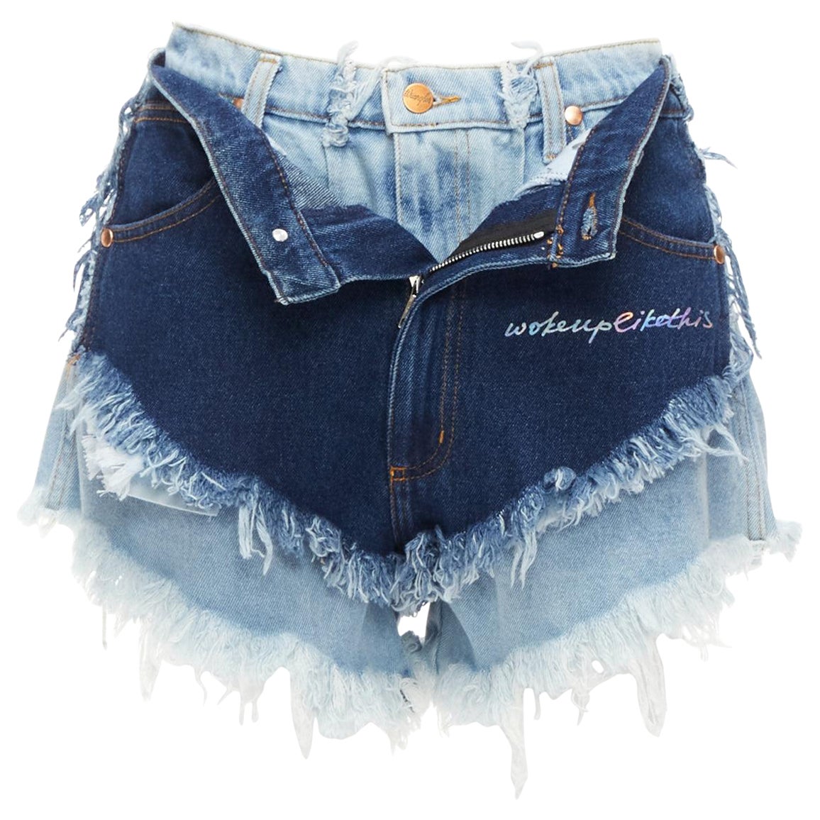NATASHA ZINKO WRANGLER deconstructed layered double denim frayed shorts FR34 XS
