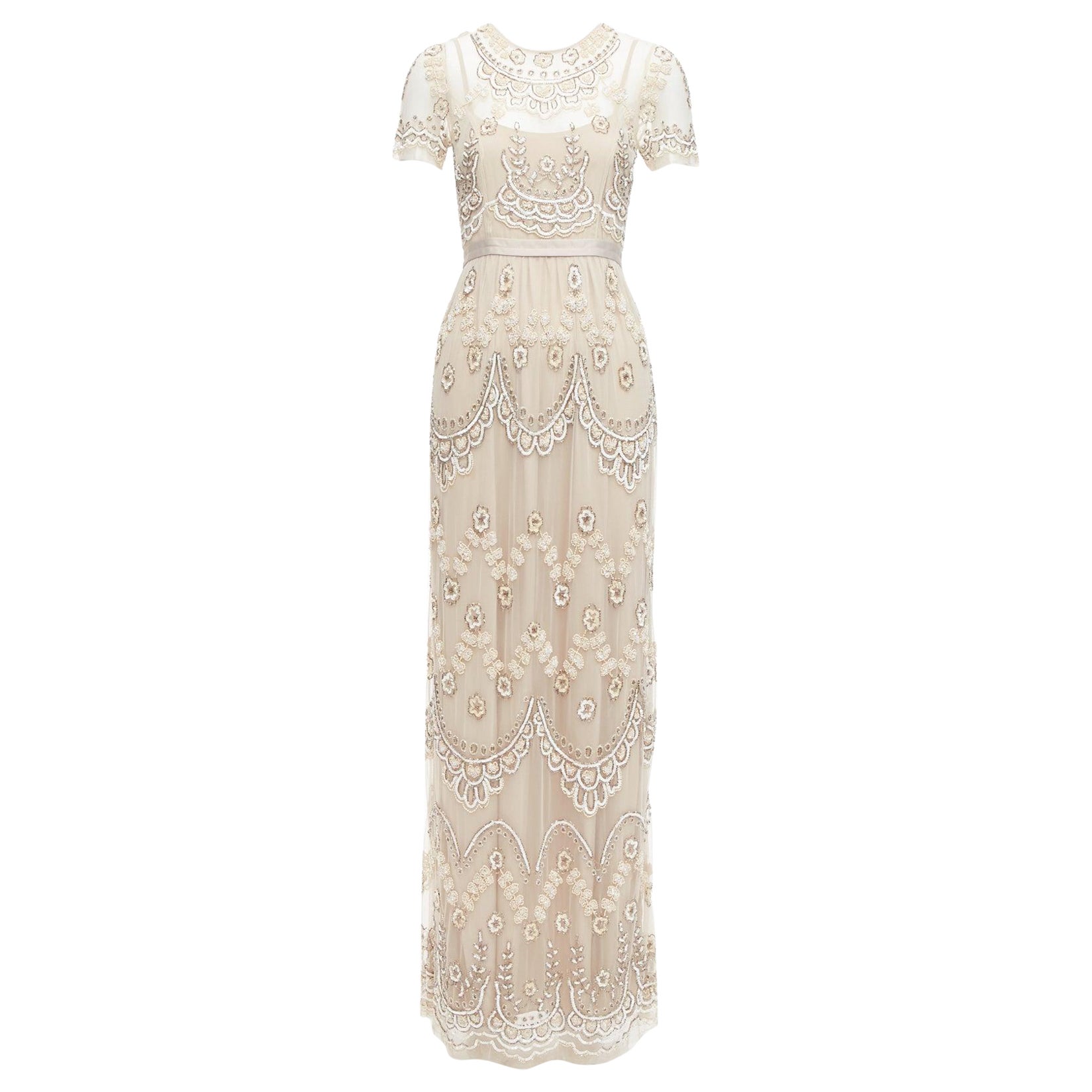 NEEDLE & THREAD nude sequins beads embellished overlay long gown UK6 XS