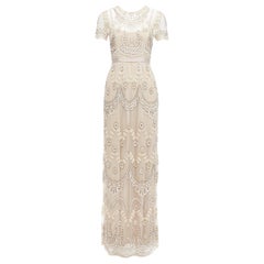 NEEDLE & THREAD vestido largo superpuesto de lentejuelas y cuentas en color nude UK6 XS