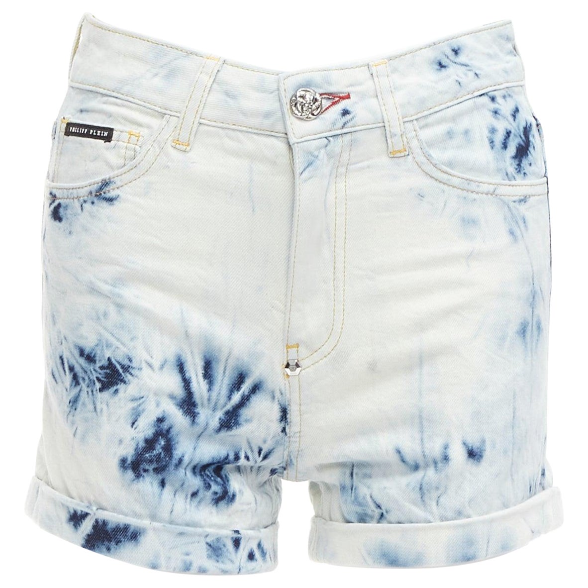 PHILLIP PLEIN Hot Pants blue acid washed logo tag cuffed shorts 25" For Sale