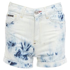 PHILLIP PLEIN Hot Pants pantaloncini blu lavati con acido con logo e polsini da 25".