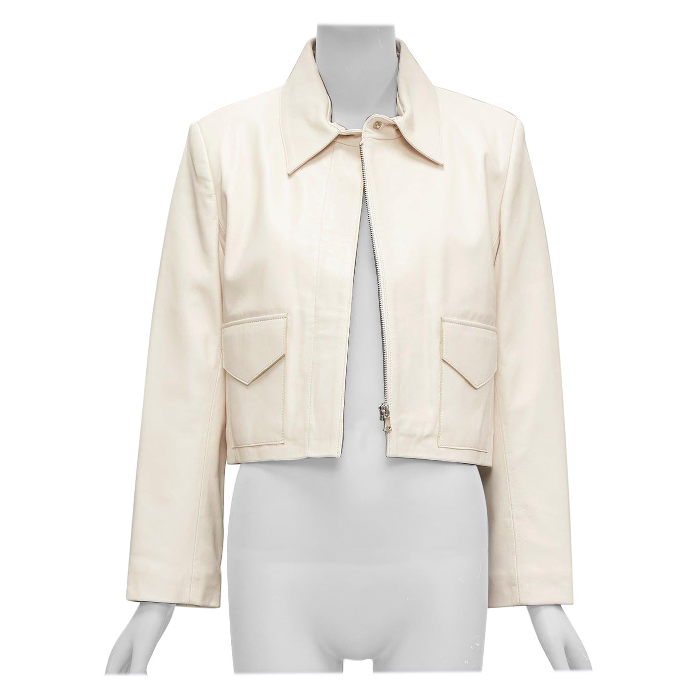 NOUR HAMMOUR cremefarbenes Lammfell minimale doppelte Tasche beschnittene Reißverschlussjacke IT36 XXS
