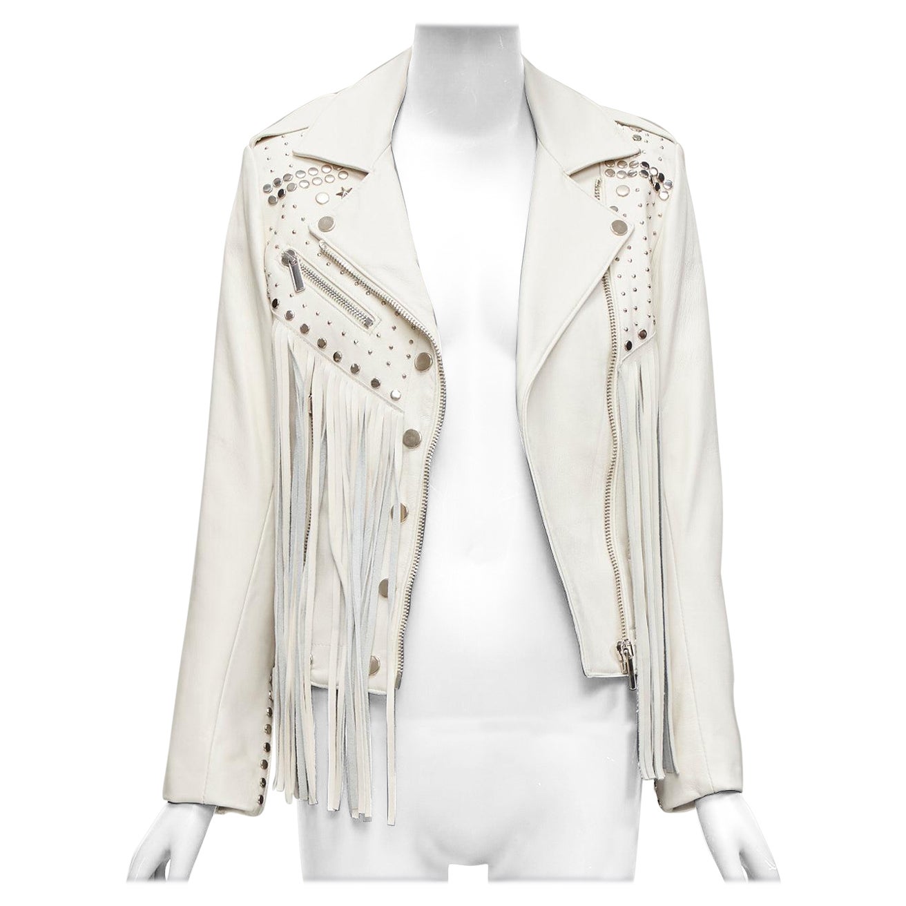 NOUR HAMMOUR Cremefarbene Western-Bikerjacke mit silbernen Nieten aus Lammfell und Fransen FR34 XS