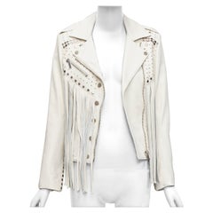 NOUR HAMMOUR cream lambskin fringe silver studs western biker jacket FR34 XS
