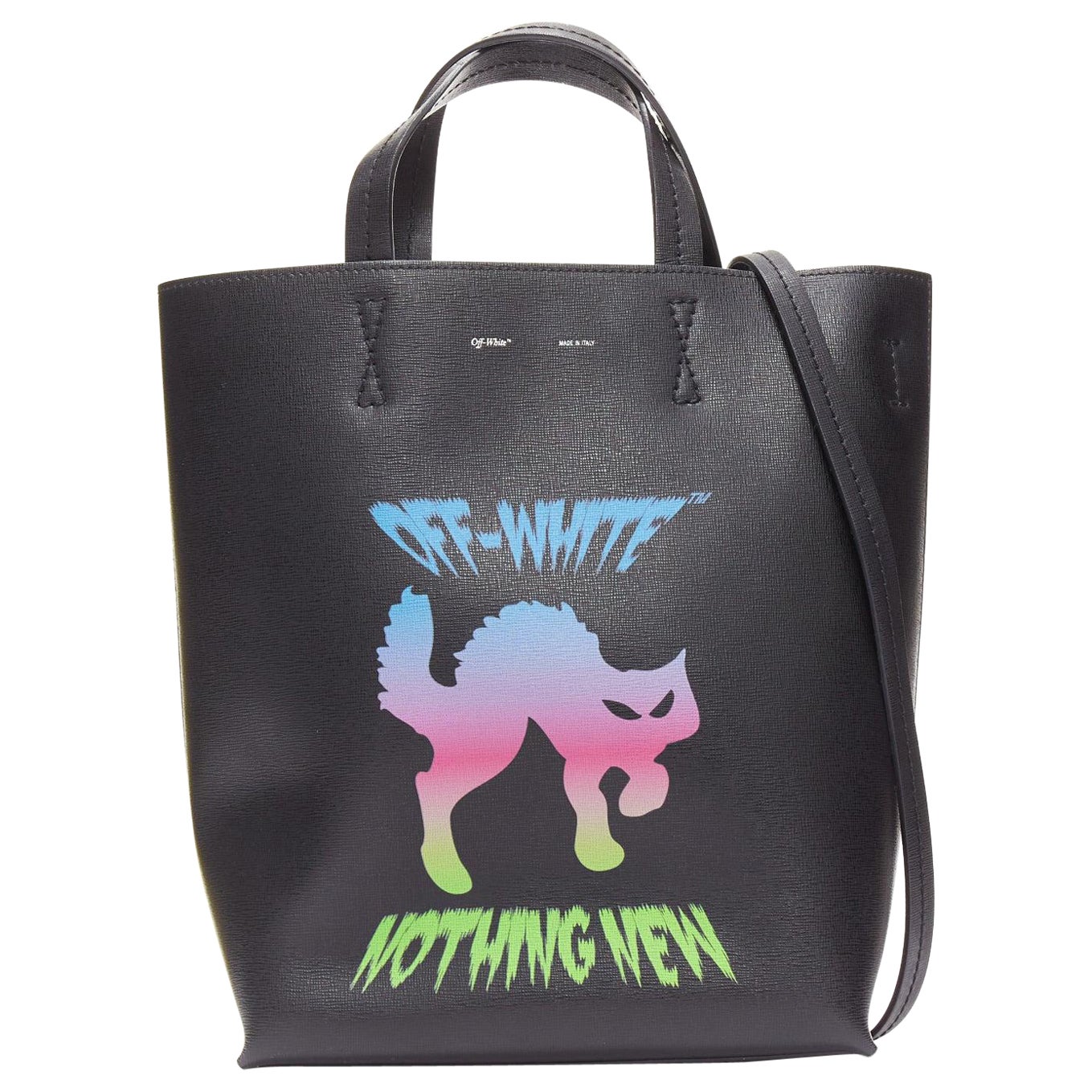 OFF WHITE Virgil Abloh Natural Habitat leather neon cat print crossbody tote bag For Sale
