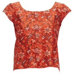 OSCAR DE LA RENTA 2010 100% silk red floral cap sleeve keyhole back top US0 XS