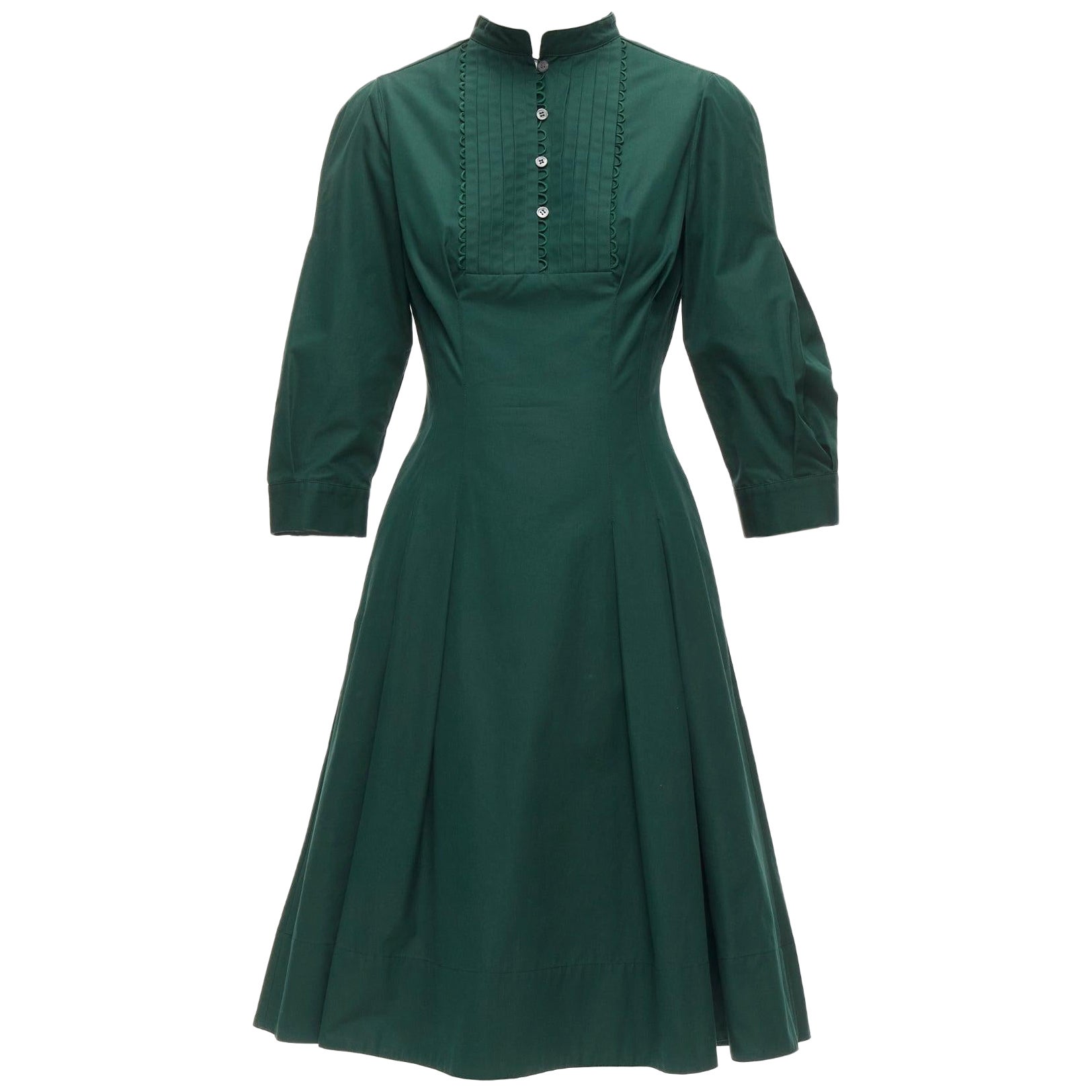 OSCAR DE LA RENTA 2019 green cotton frill trim pleated midi shirt dress US0 XS For Sale