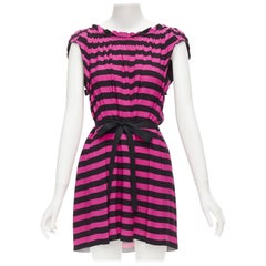 PRADA black hot pink striped pleated drop neck ribbon belt mini dress IT38 XS